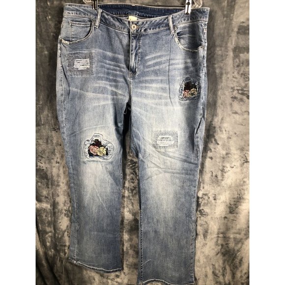 Faded Glory Pants - Women’s Jeans Size 24 Distressed Stretch Patches And Roses
